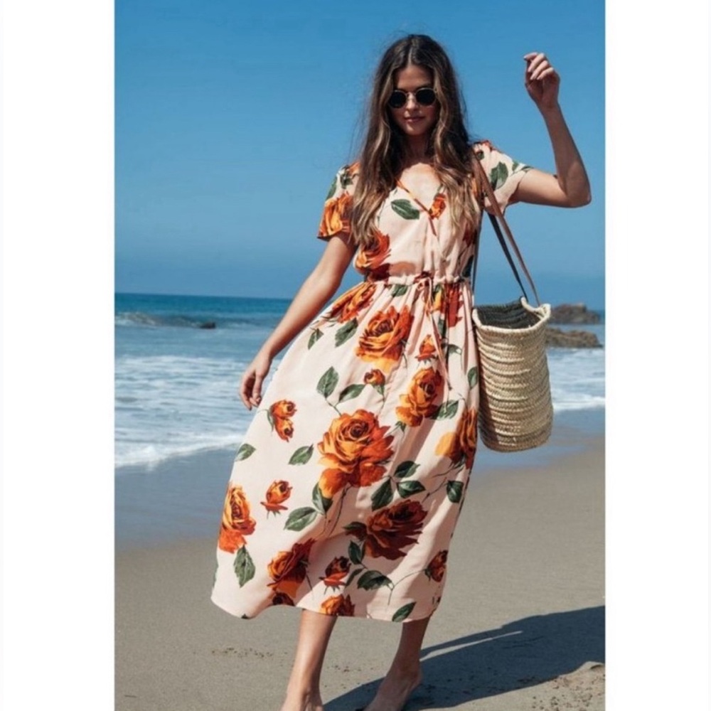 Christy Dawn The Dawn Dress Peach Floral Bold Rose Print Short Sleeve XS Small